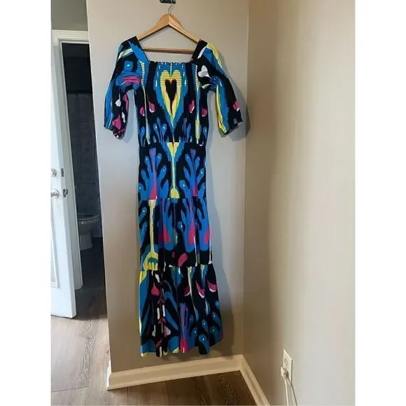 Sheridan French Women’s Size Medium Isabel Maxi Dress Black Blue Heart Ikat NWOT - Picture 4 of 14